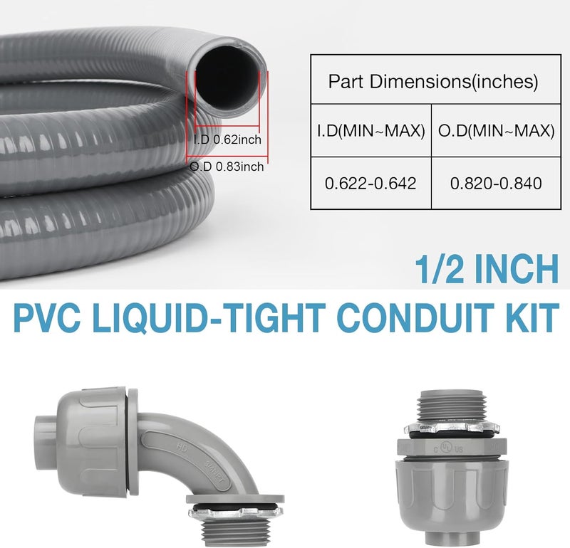 HOXHA 1/2 Inch 10 Ft Electrical Conduit Kit AC Whip Kit Flexible PVC Non Metallic Liquid Tight Conduit, Electrical Wire Conduit Pipe with Straight and 90-Degree Conduit Connector Fittings - Image 2